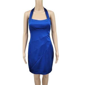 Cache Y2K Elegant Blue Satin Bodycon Halter Dress